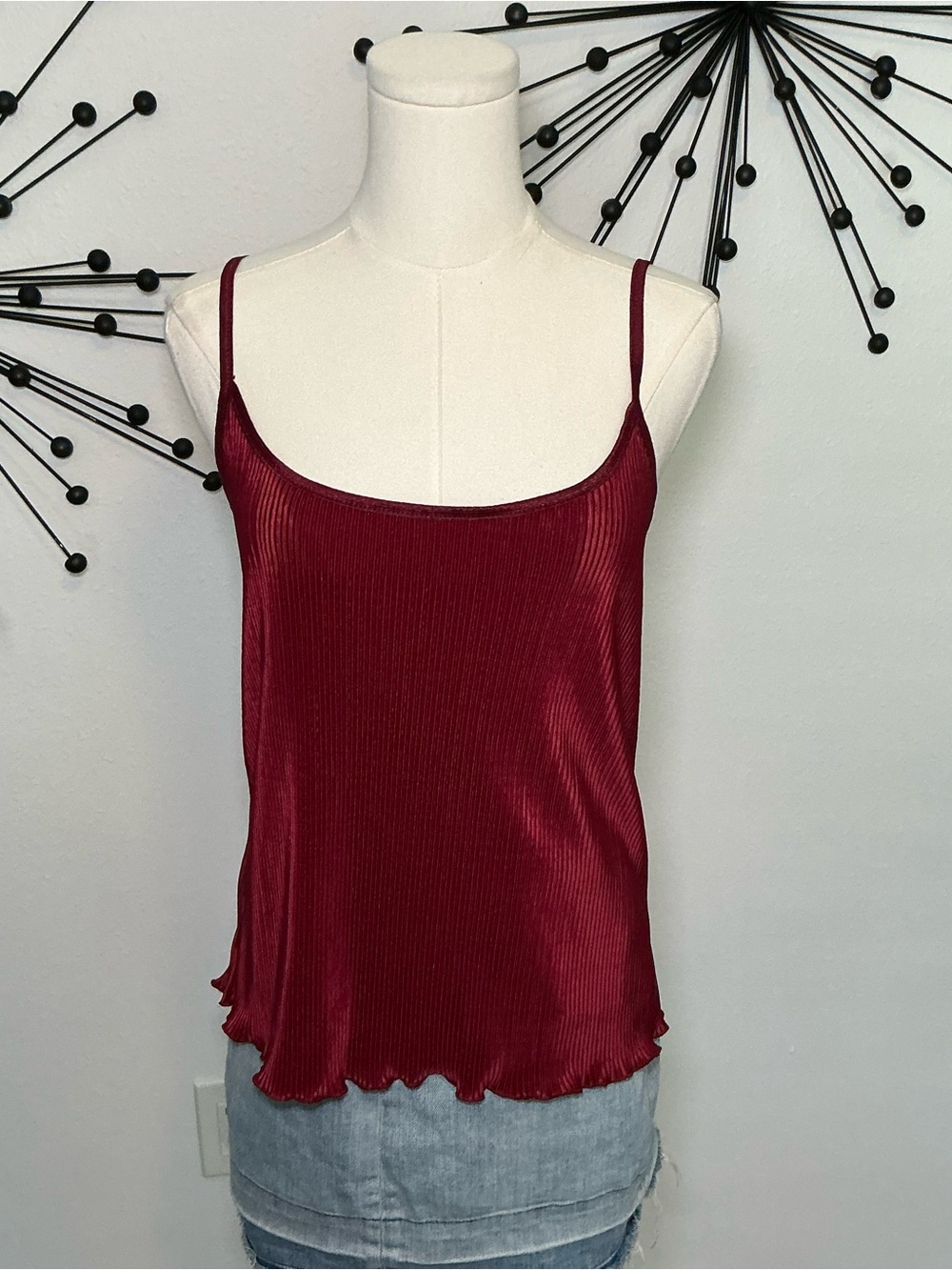 Cinema Etoile Red Ribbed Cami Tank Top Lettuce Hem Size Medium